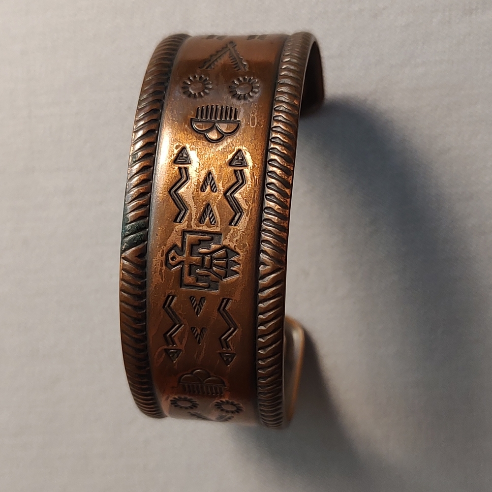 Vintage Southwest Design Stamped Copper Cuff Bracelet marked Bopper Bell